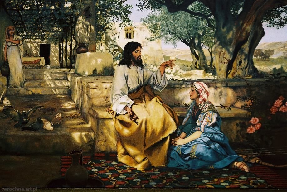 Chrystus w domu Marty i Marii, Kopia obrazu "Chrystus w domu Marty i Marii" Henryka Siemiradzkiego.<br>Olej na płótnie lnianym.