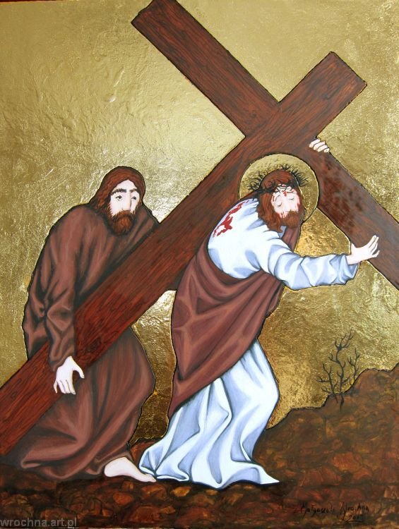 V, Szymon Cyrenejczyk pomaga nieść krzyż Jezusowi.