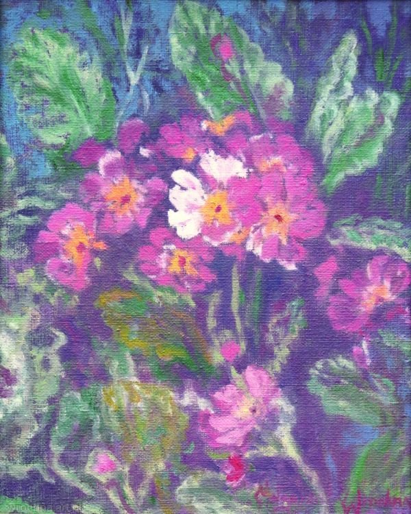 Pierwiosnki, Olej na płótnie lnianym.