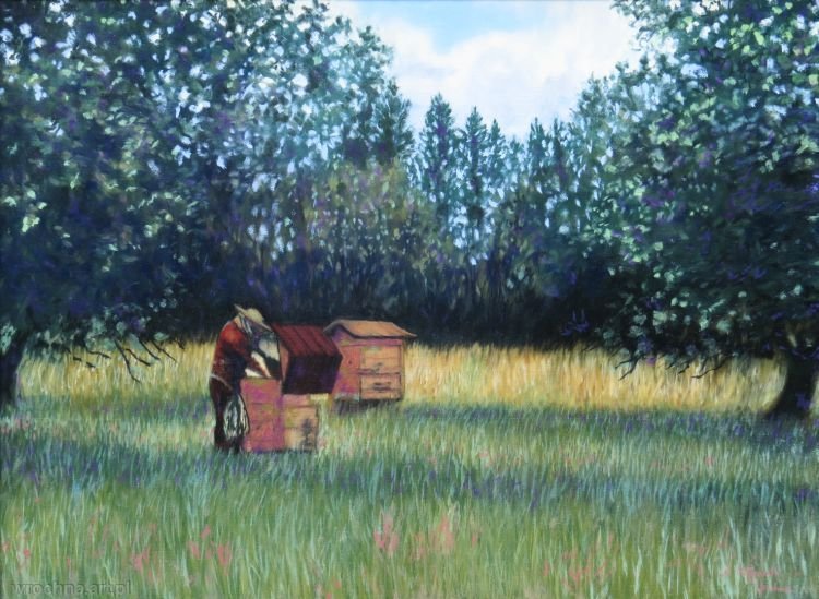 Pszczelarz przy pracy, Olej na płótnie lnianym, 81 x 60 cm.