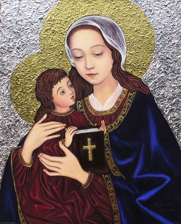 Matka Boża z Dzieciątkiem, Olej na płótnie lnianym oraz złocenia, 41 x 33 cm.