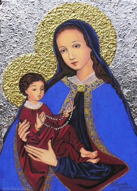 Matka Boża z Dzieciątkiem, Olej na płótnie lnianym oraz złocenia, 24 x 33 cm.