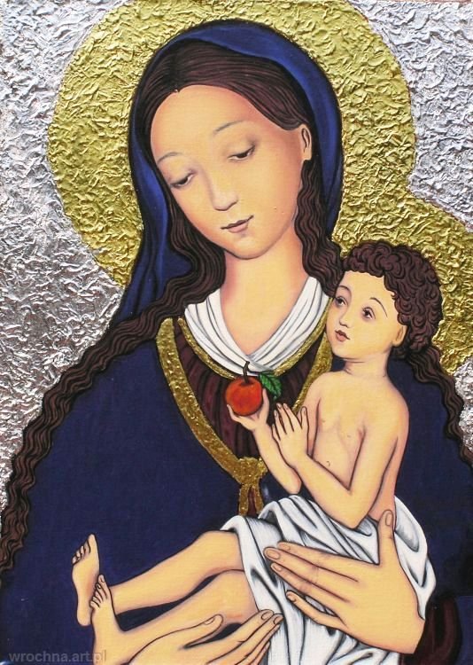 Matka Boża z Dzieciątkiem, Olej na płótnie lnianym oraz złocenia, 24 x 33 cm.