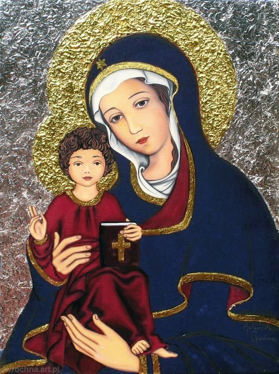 Matka Boża z Dzieciątkiem, Olej na sklejce oraz złocenia, 40 x 30 cm.