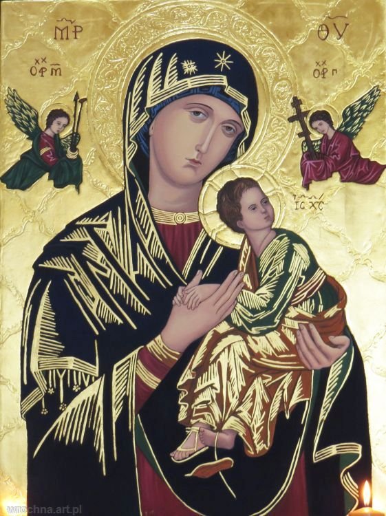 Matka Boża Nieustającej Pomocy, Technika mieszana na desce, pozłotnictwo, 75 x 100 cm.