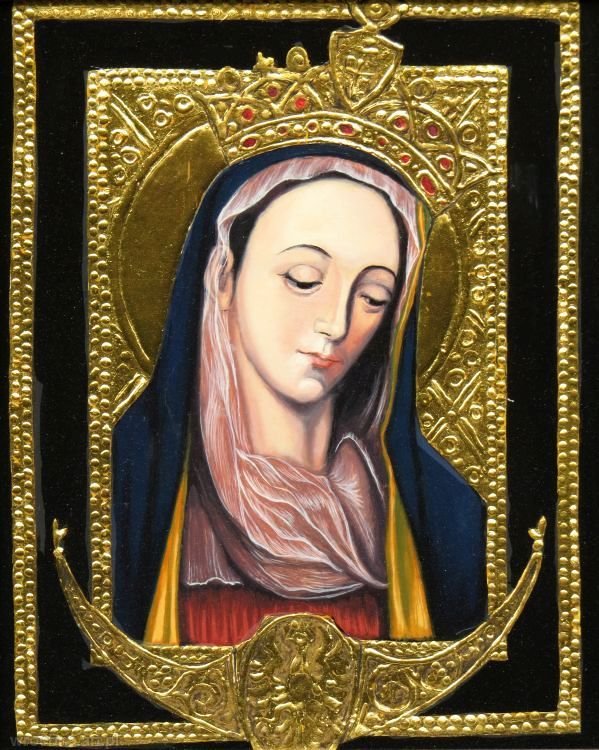 Matka Boża z Rokitna, Technika mieszana, pozłotnictwo, 25 x 30 cm.