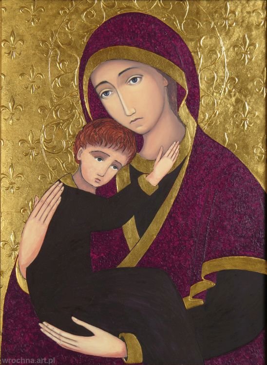 Matka Boża z Dzieciątkiem, Tempera jajeczna na desce, 40 x 30 cm.