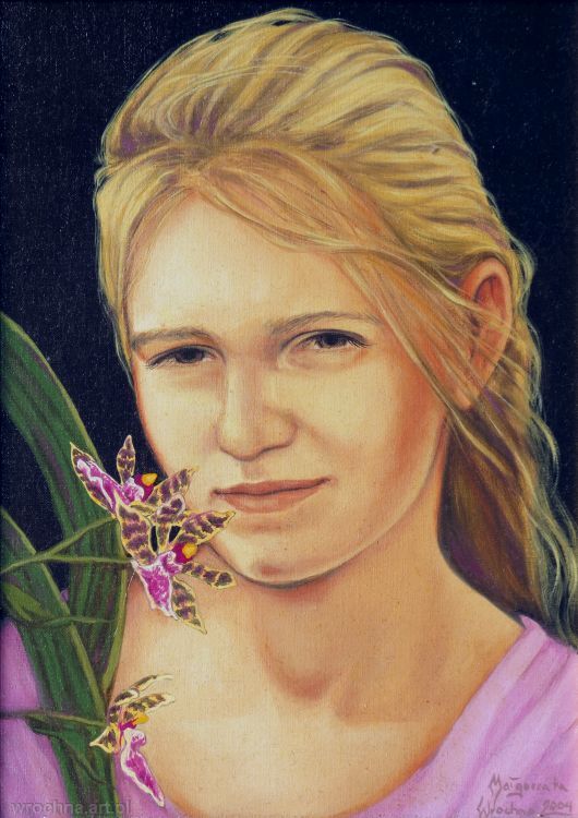Portret Ani ze storczykiem Zygopetalum, Olej na płótnie lnianym, 33 x 24 cm.