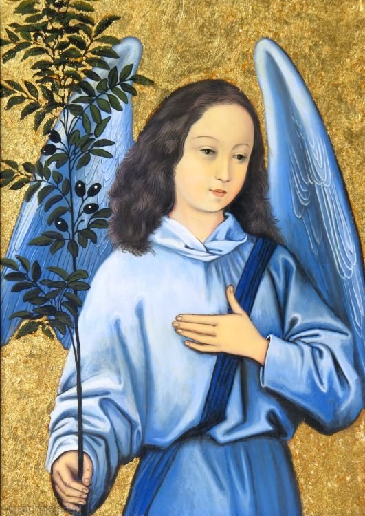 Anioł trzymający gałązke oliwną, Kopia obrazu Hansa Memlinga, technika mieszana na płótnie, 24 x 33 cm