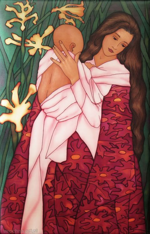 Caritas, Pastisz obrazu Stanisława Wyspiańskiego.<br>Jedwab, 53 x 82 cm.