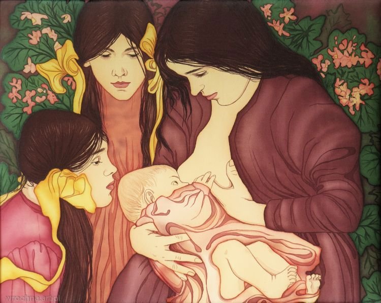 Macierzyństwo, Pastisz pasteli Stanisława Wyspiańskiego.<br>Jedwab, 50 x 40 cm.