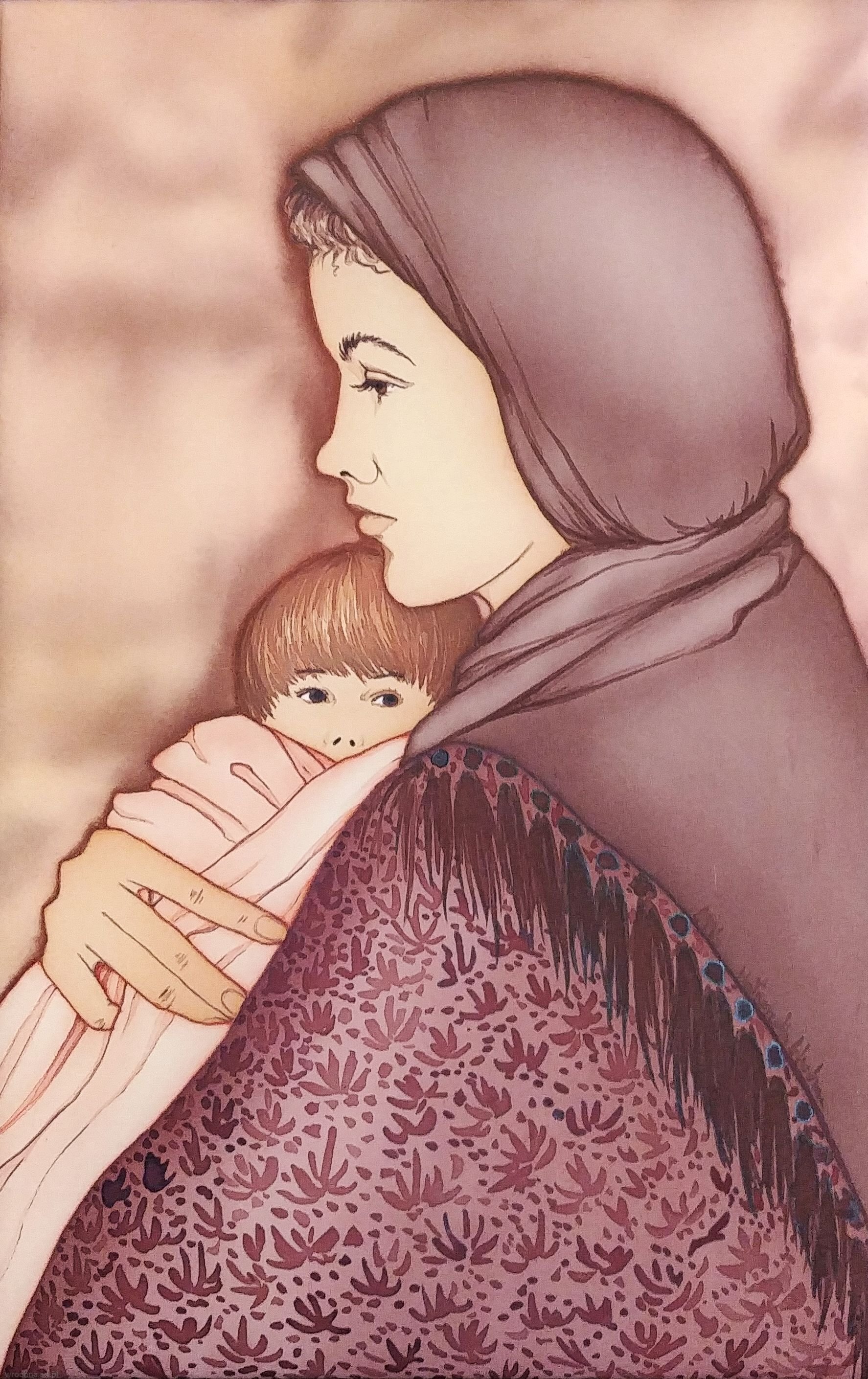 Matka z dzieckiem, Jedwab, 30 x 40 cm.